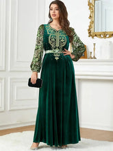 Siakakia Muslim Ramadan Eid Autumn Winter Velvet Beading Embroidery Floral Lantern Sleeve V-Neck Jalabiyat Moroccan Belted Abaya Green Dress